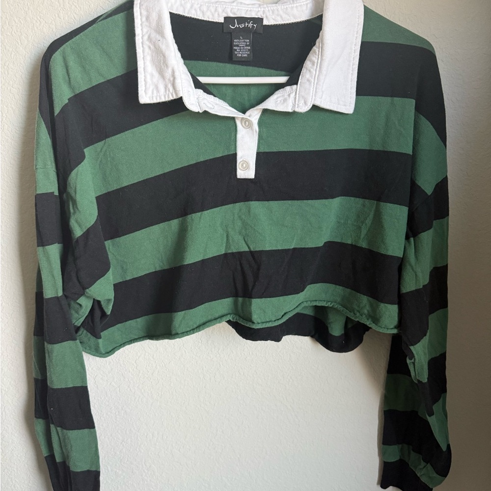 Cropped Rugby Shirt – Green & Black Stripes